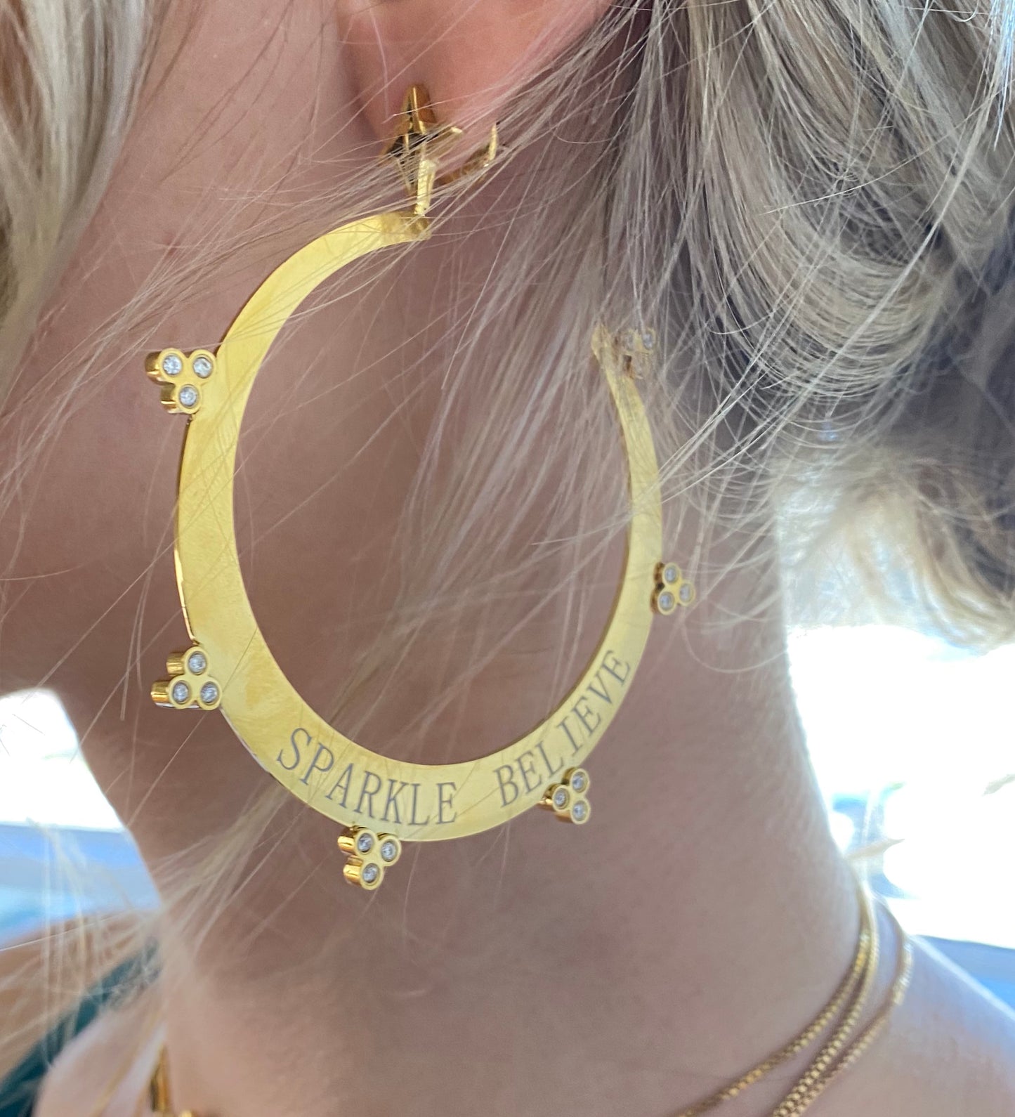 VALENCIA KEY Sparkle Believe 3" Large Hoop Earrings Gold Tone