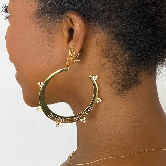 VALENCIA KEY Sparkle Believe 3" Large Hoop Earrings Gold Tone