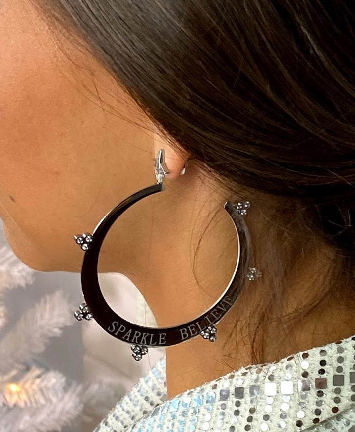 VALENCIA KEY Sparkle Believe 3" Large Hoop Earrings Silver Tone
