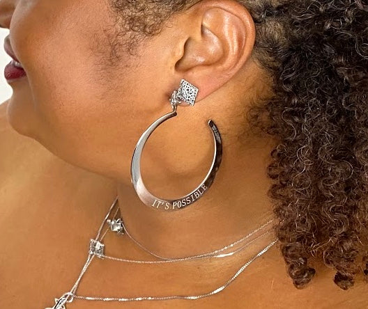 It's Possible 3" Large Hoop Earrings Silver Tone